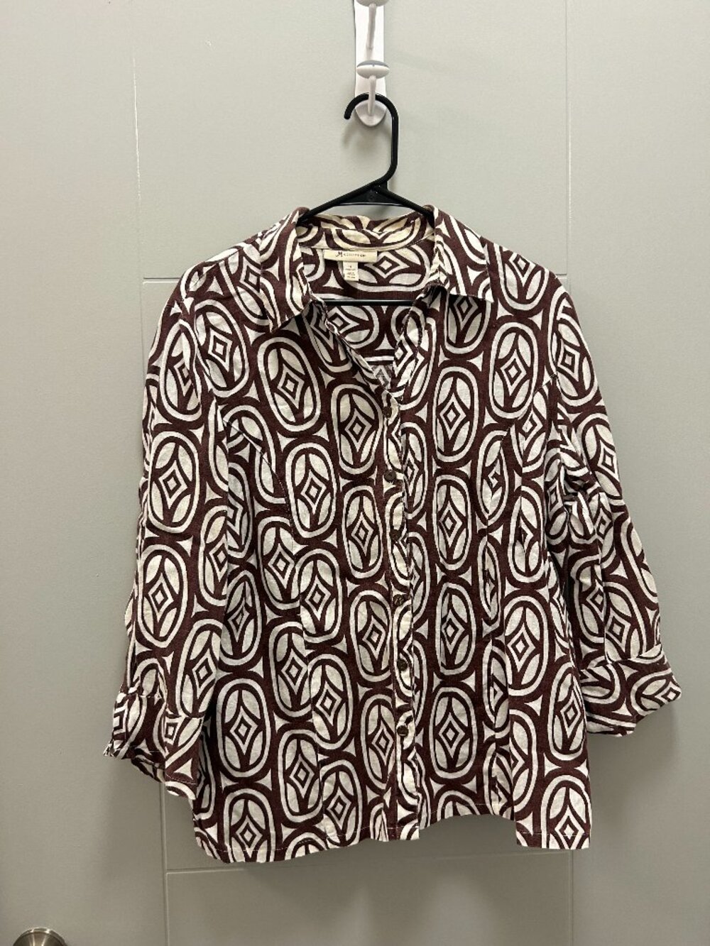 JM Collection 100% Linen Button Front Shirt Size 14 Brown White Geometric Print